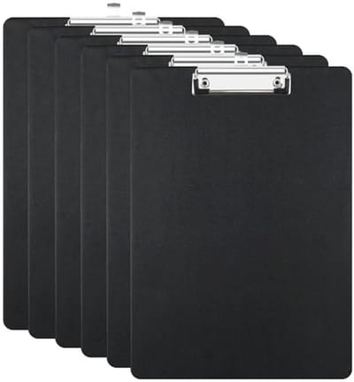 Set van 6 A4 Clipboard met Binder, Zwarte Schrijfplank met Metalen Klem voor Notities, Documenten en Tekeningen
