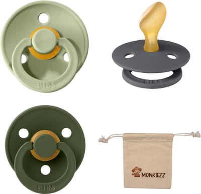 Bibs Dental fopspenen Anatomical 0-6 maanden- Set 3 stuks- Sage, Iron, Hunter Green - + Monkiezz speenzakje - orthodontisch- Anatomisch- Maat 1