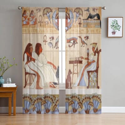 Muurschilderingen Oud Egypte Tule Transparante Raamgordijnen Voor Woonkamer De Slaapkamer Moderne Chiffon Voile Organza Gordijnen Decor Gordijnen 135W x 114H(cm) beige