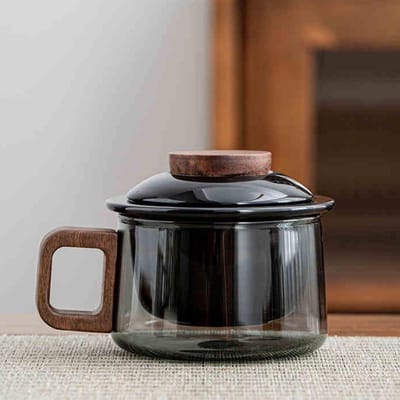 Glazen Theekop met Keramisch Deksel en Zeef, 200 ml, Walnoot, Perfect voor Losse Thee en Koffie