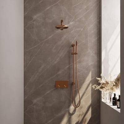 Brauer Copper Carving Thermostatische Regendoucheset Inbouw - Hoofddouche 20 cm - Rechte Wandarm - Met Drukknoppen - Handdouche Staaf - Doucheslang - Geintegreerde Glijstang