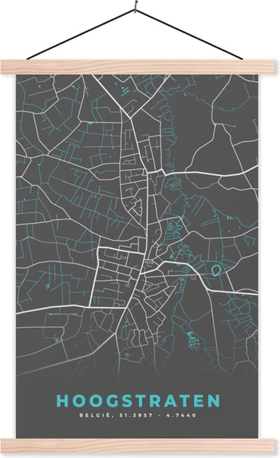 Posterhanger incl. Poster 40x60 cm - Schoolplaat - België – Hoogstraten – Stadskaart – Kaart – Blauw – Plattegrond - Textielposter - Blanke latten - Stadskaart