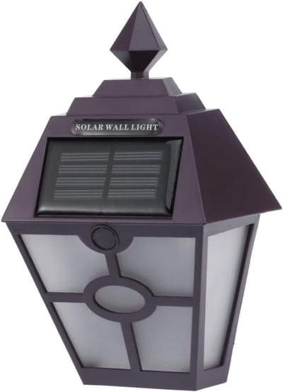Set van 2 retro zeshoekige LED-zonnewandlampen voor buitengebruik, heldere LED-beveiligingsverlichting, bruin/wit licht