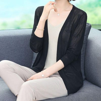 Cardigan Dunnen Dames IJszijde Zonwerende Kleding Gebreide Trui Dames Zomerkleding Sjaal met Rok Plus Los Gatenpatroon Kleding 2XL zwart