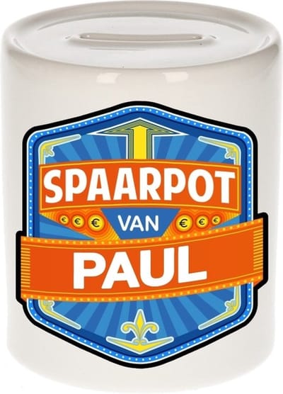 Bellatio Decorations Kinder spaarpot met naam - Paul - keramiek - met dop - wit - Sparen - Spaargeld van Paul