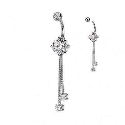 Navelpiercing PVD 2 chains met steentje - zilver - LMPiercings
