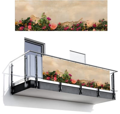 Balkonscherm 300x100 cm - Balkonposter Rozen - Muur - Vintage - Balkon scherm decoratie - Balkonschermen - Balkondoek zonnescherm