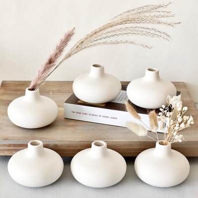 Set van 6 Witte Keramische Donut Vazen - Scandinavische Mini Vaasjes voor Droogbloemen en Decoratie