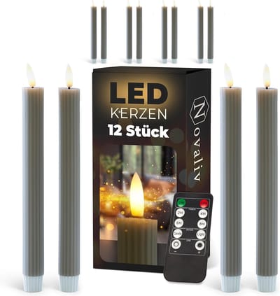 LED-kaarsen met timer TAUPE GRIJS 12 stuks binnen 6 uur ECHTE WAS geribbeld 23 cm hoogte voor kaarsen 2,2 cm diameter 2 AAA-batterijen vereist LED-kaarsen set van 2 3x bewegende vlam