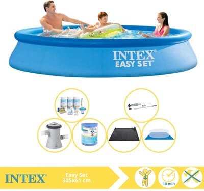 Intex Rond Opblaasbaar Easy Set Zwembad - 305 x 61 cm - Blauw - Inclusief Onderhoudspakket - Zwembadfilterpomp - Filter - Grondzeil - Stofzuiger - Solar Mat - 7-delig