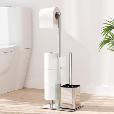 Staande toiletpapierhouder met opbergruimte en afneembare toiletborstel, roestvrij staal - Zonder boren, inclusief glazen plank