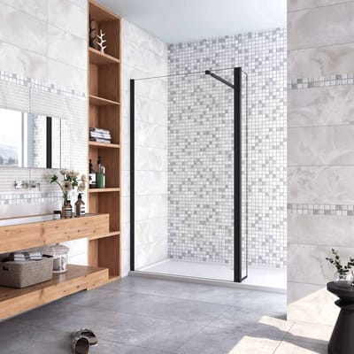 30x200cm zwarte inloopdouche + 30x200cm draaibaar hoekprofiel +73-120cm Stabilisatiestang 8mm EasyClean veiligheidsglas