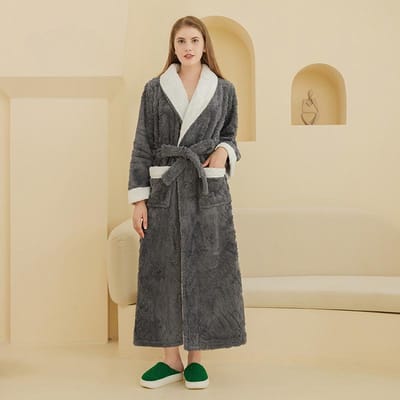 Dames Winter Luxe Badjas Fluffy Fleece Badjas Lang Zacht Warm Nachtkleding Fuzzy Huisjas Knusse Badjas met Jacquard XL beige
