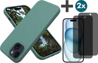 Hoesje met Privacy Screenprotectors 2 Stuks Geschikt voor iPhone 15 Plus Hoesje Siliconen - liquid case - Arara Backcover - Groen