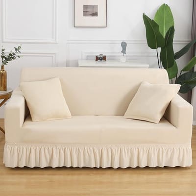 Hoge elastische rekbare kussen bank bankhoes met rok seersucker bankhoes eenvoudig te monteren meubelbeschermer 3-seater 190-230cm beige