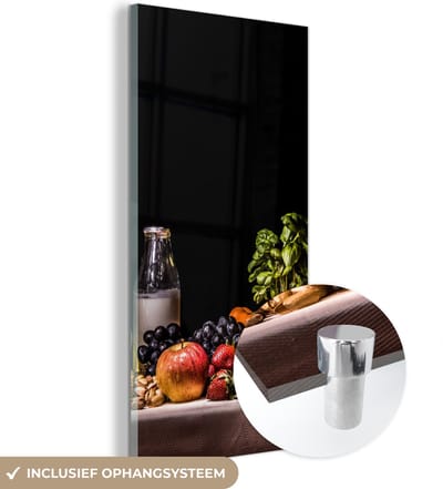MuchoWow® Glasschilderij 60x120 cm - Schilderij acrylglas - Stilleven - Eten - Drinken - Fruit - Zwart - Foto op glas - Muurdecoratie woonkamer - Wanddecoratie slaapkamer - Schilderijen