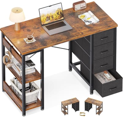 Klein Bureau met 4 Laden, 100 x 40 cm - Omkeerbaar Design voor Kantoor of Slaapkamer