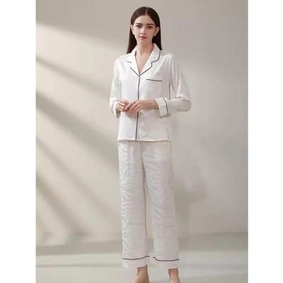 Pyjama deux pièces en soie pure blanche pour femmes, haut à manches longues et pantalon, ensemble de nuit, ensemble de détente, pyjama, pyjama pour femmes L white