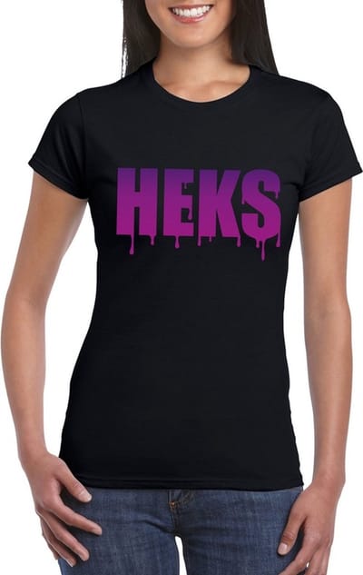 Halloween heks tekst t-shirt - zwart - dames - paarse print - korte mouwen - verkleed kleding XS