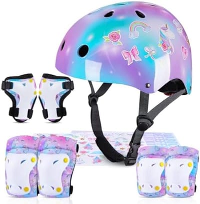 Kinderhelm en Beschermers Set met DIY Stickers - Eenhoorn Thema - Fietshelm met Knie- en Elleboogbeschermers voor Meisjes 3-8 Jaar - Geschikt voor Fietsen, Skateboard, Scooter en Rolschaatsen