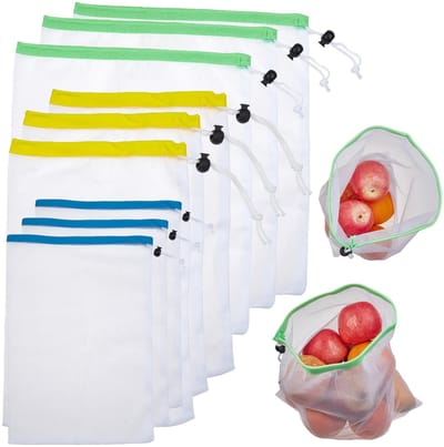 Dailygoods- Boodschappentas herbruikbaar - Set van 9 - Polyester - 3 maten - Ideaal voor dagelijks gebruik - Wit - Netvakken met trekkoord - Netzakken