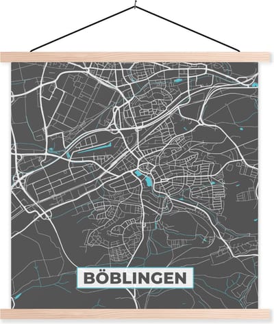Posterhanger incl. Poster 40x40 cm - Schoolplaat - Böblingen – Stadskaart – Blauw – Plattegrond – Stadskaart – Kaart - Duitsland - Textielposter - Blanke latten - Stadskaart