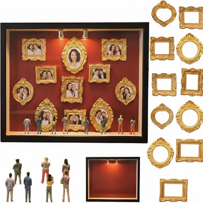 DIY Set - Mini Museum Silhouette Doos - 8 Figuren en 11 Lijsten - Creatief 3D Display Kit - Voor Huwelijken en Feesten - Natuurhout en Goud