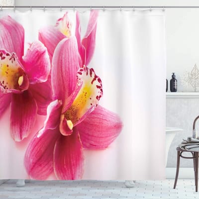 ABAKUHAUS douchegordijn – donkerroze/oranje – 175×180 cm – waterafstotend, wasbaar, 12 haken