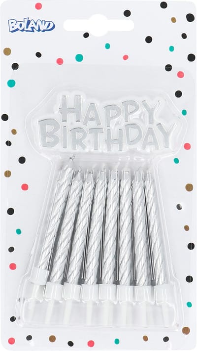 Boland - Set 16 kaarsjes & topper 'Happy birthday' zilver Zilver - Geen thema - Verjaardag