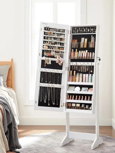 Velmio Vrijstaande Spiegelkast - Spiegel - Spiegel Met Opbergruimte - Sieradenkast & Cosmetic Organizer - 41x36x152cm - Wit