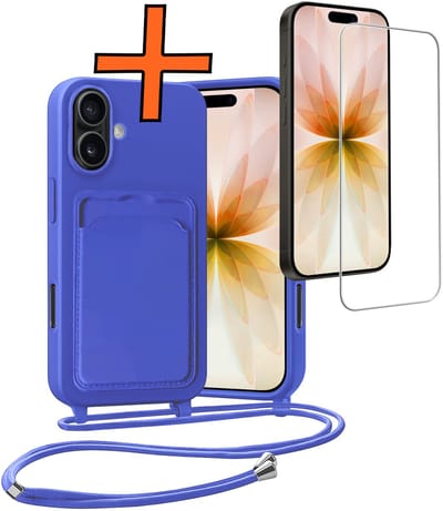Hoesje Geschikt voor iPhone 17 Hoesje Met Telefoonketting Pasjeshouder Case Met Screenprotector Koord - Hoesje Geschikt voor iPhone 17 Hoes Met Kaarthouder - Felblauw