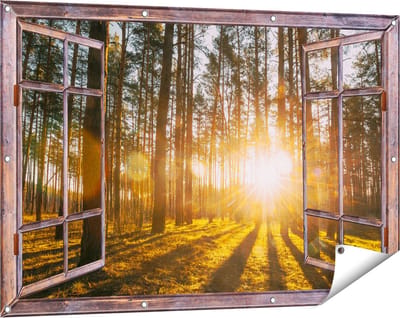 Gards Tuinposter Doorkijk Zonsopkomst in het Bos tussen de Bomen - 120x80 cm - Tuindoek - Tuindecoratie - Wanddecoratie buiten - Tuinschilderij