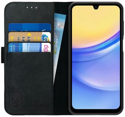 Rosso Deluxe Echt Leer Hoesje Geschikt voor Samsung Galaxy A16 | Ruimte voor drie pasjes | Portemonnee Book Case | Met Pasjeshouder | Zwart