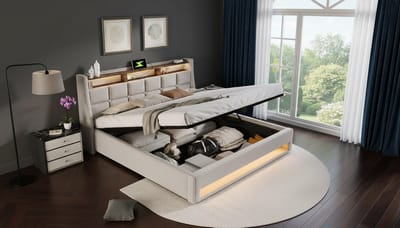 Gestoffeerd Opbergbed 180x200 cm Casa Velluto - Tweepersoonsbed met LED-verlichting, USB-oplaadstation, Hydraulisch Opbergmechanisme, Hoofdeinde met Opbergfunctie, Linnen Bedframe met Lattenbodem - Modern Art Deco Design, Beige