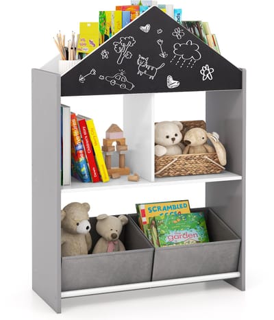 COSTWAY Boekenkast voor kinderen, kinderrek met bord en 2 boxen & 6 vakken, kinderkamerrek, opbergrek, speelgoedrek voor speelkamer, slaapkamer, 63 x 27 x 90 cm
