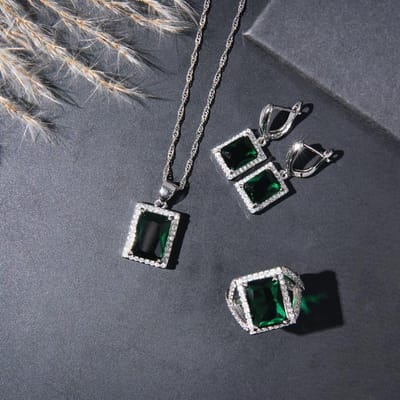 Ensemble de bijoux classiques pour femmes en zircone cubique carrée, avec bague, boucles d'oreilles, pendentif, ensemble collier, cadeau de mariage pour mariée et demoiselles d'honneur resizable gray