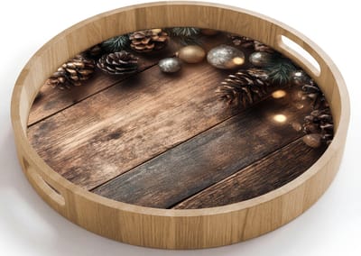 Dienblad rond 40x40 cm - Schootdienblad hout - Kersthoekdecoratie - Dennenappels - Lichtjes - Borrelplank rechthoek - Plateau houten dienbladen