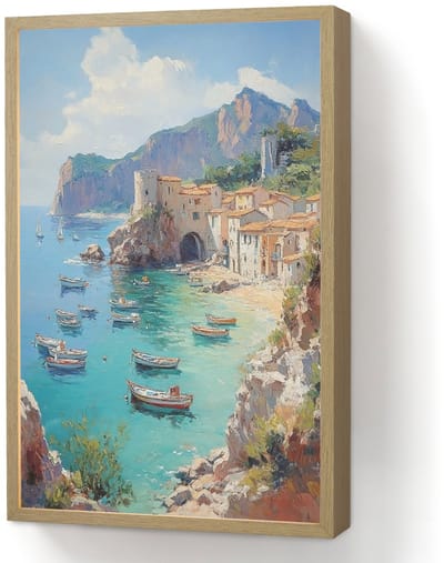 Wandlamp 40x60 cm - Oplaadbaar - Kustdorp - Schilderij - Rotsen - Boten - Wandlampen binnen woonkamer - Slaapkamer lamp - Decoratieve nachtlamp - Vloerlamp draadloos