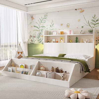 Wishdor Houten tweepersoonsbed 140x200 cm - Hoofdbord met opbergplanken & nachtlampjes - Boekenrek - Wit - Creatieve en opgeruimde kinderkamer