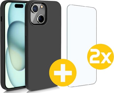 Hoesje en Screenprotector Combi Geschikt Voor iPhone 15 Plus - Zwarte Siliconen Hoesje + 2x Screenprotector