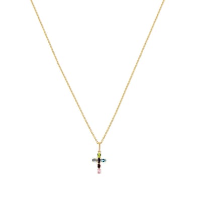 New Bling 9NBG-0598 Gouden Ketting met Hanger Kruisje met Multikleuren Zirkonia Steentjes - 14x9mm - Ankerschakel - 39+3+3cm - 0,8mm Dikte - 14 Karaat - Goud