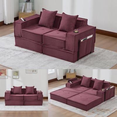 2-Zitsbank, Moderne Tweepersoons Slaapbank met een Comfortabele Stoffen Bank en twee Kussens, Een Stijlvolle, Decoratieve Voetenbank met Opbergruimte aan de Zijkant en Bekerhouders, Ideaal voor Leeshoekjes, Speelkamers, enz.-Rood