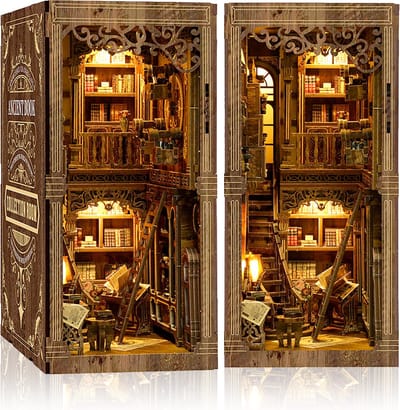 DIY Book Nook Kit(Antieke boekenverzameling Kamer)-Met LED -Nieuwe tandwielrotatiefunctie-DIY poppenhuis-Model bouwen huis met decoraties voor thuis-Knutselsets voor volwassenen-Verjaardagscadeau Kerstmis