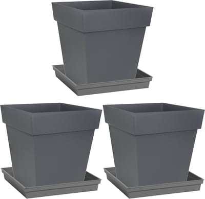 Set van 3x stuks bloempotten Toscane vierkant kunststof antraciet grijs 32 x 32 x 32 cm inclusief onderschalen - Bloempot set