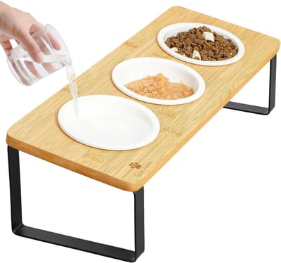 Katten voerbak - Voerstation - Comfortabel eten - Verhoogd en schuin - Set van 3 - Houtkleur