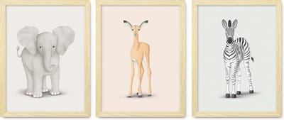 Inikini Safari Poster Set (3 Stuks A4) – Neutrale Dieren Posters – Minimalistische Wanddecoratie voor Babykamer & Kinderkamer