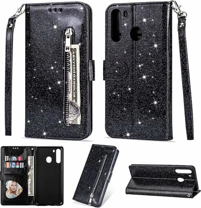 Portemonnee Hoesje - Wallet Case - Rits Sparkly Glitter - Telefoonhoes met Kord Geschikt voor: Samsung Galaxy M11 - Zwart