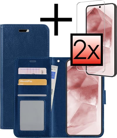 Hoesje - Met 2x Screenprotector - Geschikt voor Samsung Galaxy A55 - Luxe Pasjeshouder - Bookcase Portemonee - Flip Case - Kunstleer Book Case - Flipcase Hoes - Book Cover - Walletcase - Portemonneehoes - Donkerblauw