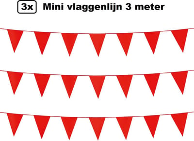 3x Mini vlaggenlijn rood 3 meter - 10x 15cm - Huwelijk thema feest festival vlaglijn party