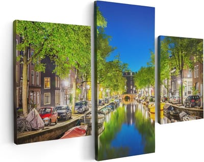 Artaza Canvas Schilderij Drieluik Amsterdamse Gracht In De Nacht - 90x60 cm - Wanddecoratie Woonkamer - Schilderijen - Muurdecoratie
